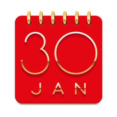 30 day of the month. January. Luxury calendar daily icon. Date day week Sunday, Monday, Tuesday, Wednesday, Thursday, Friday, Saturday. Gold text. Red paper. Vector illustration.