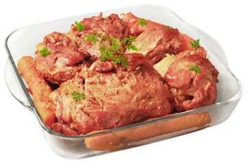 Oven Baked Pork Shoulder with Carrots and Parsley in Glass Baking Pan Isolated on White Background