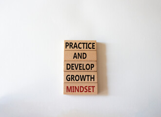 Practice and Develop growth mindset symbol. Wooden blocks with words Practice and Develop growth mindset. Beautiful white background. Business concept. Copy space