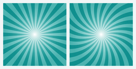 Blue sunburst background set. Dark cyan retro style gray color radial and spiral sunbeam rays background, pattern, wallpaper. Vector Illustrations.