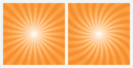 Orange sunburst background set. Dark orange retro style gray color radial and spiral sunbeam rays background, pattern, wallpaper. Vector Illustrations.