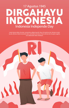 Happy Independence Day of Indonesia, 17th August 1945, Greeting Banner Card, playing traditional games concept illustration, Dirgahayu Republic of indonesia Illustration, sack race, vector, template