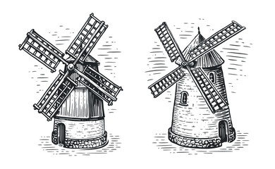 Old windmill in sketch style. Farm, agriculture concept. Engraved vector illustration