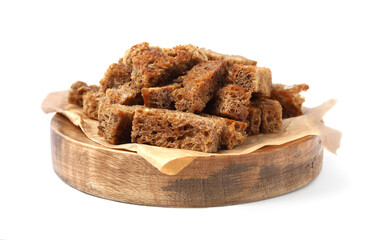 Wooden tray with crispy rusks isolated on white