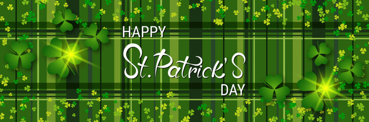 St.Patrick's Day vector banner template. Green plaid background with colorful clover leaves
