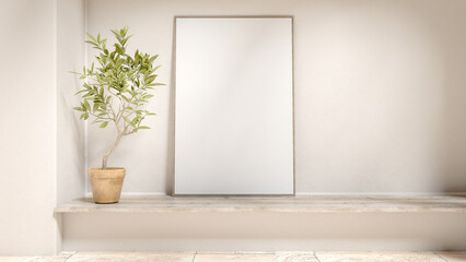 Fototapeta na wymiar Interior wall with empty space, plants, and frame mockup for product presentation and media advertising, minimalist Mediterranean interior concept, and contemporary interiors. 3d rendering