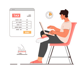 Online tax payment vector illustration. Tax calculation, making income tax return. Personal financial account. Young man pay bills online on the website form via laptop.	