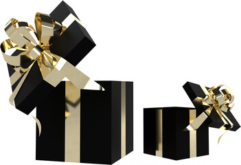 3d render of isolated open gift boxes in black color with gold ribbons and bows.
