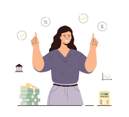 Budget planning, financial management, money saving. Tax payment, loan repayment date, pay bills and checks, tax return. Woman with a stack of money, calculator. Cartoon flat vector illustration.