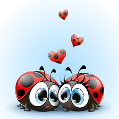 Obraz na płótnie Canvas Cute cartoon in love ladybugs couple with spot hearts. Isolated.