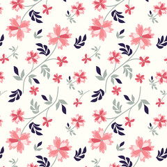 Fototapeta na wymiar Spring Pink Botanical Flower Green Leaf Allover Seamless Pattern Design Artwork