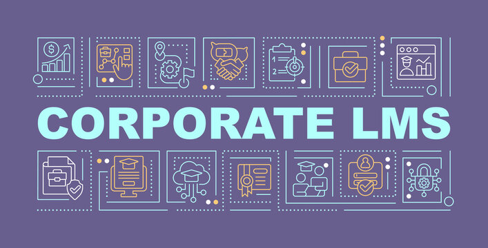 Corporate LMS word concepts dark purple banner. Learning management. Infographics with editable icons on color background. Isolated typography. Vector illustration with text. Arial-Black font used