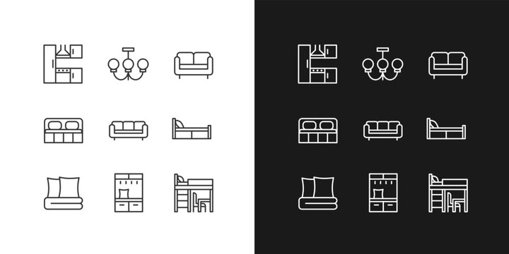 Modern contemporary furniture shop pixel perfect linear icons set for dark, light mode. Bedroom and living room. Thin line symbols for night, day theme. Isolated illustrations. Editable stroke