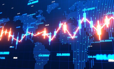 Neon line of financial graphs charts, stock market prices, business strategy against of world map. International trading, Digital marketing. 3D rendering 