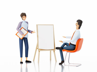 Business people discussing information in front of Easel with white paper and space for your tex. 3D rendering illustration 