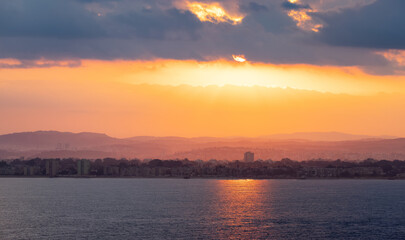 Cityscape on the Mediterranean Sea, Haifa, israel. Dramatic Sunrise Sky.