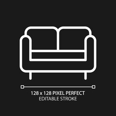 Loveseat pixel perfect white linear icon for dark theme. Small sofa for living room. Two-seat chair. Home furniture store. Thin line illustration. Isolated symbol for night mode. Editable stroke
