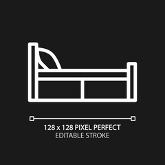 Single bed pixel perfect white linear icon for dark theme. Bedstead for solo sleeper. Bedroom furnishing. Furniture store. Thin line illustration. Isolated symbol for night mode. Editable stroke