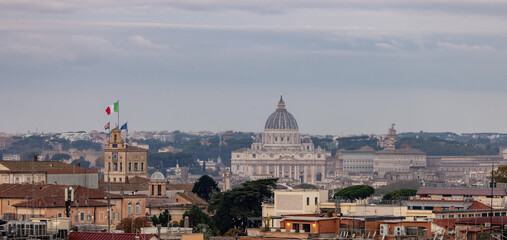 Fototapeta na wymiar Old Historic Catholic Church in City of Rome, Italy. Aerial View. Cloudy Sky