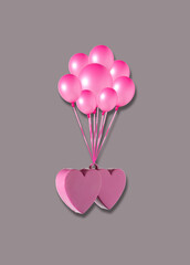 pink 3d heart with balloons in summer, creative holiday cocnept
