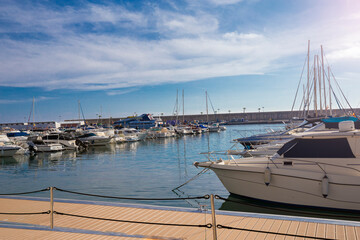 Mediterranean sea coast in the resort town overlooking the promenade and harbor with yachts, province of Alicante,Villa Hoyosa, Costa Blanca, Spain