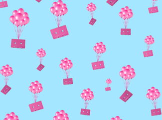 pattern of music retro love cassettes on blue background, cassettes flying with the help of balloons, creative holiday concept
