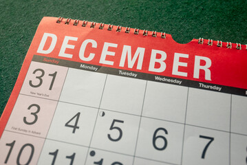 Calendar 2023, December, monthly planner for wall and desk. Close up of month and fist few days.