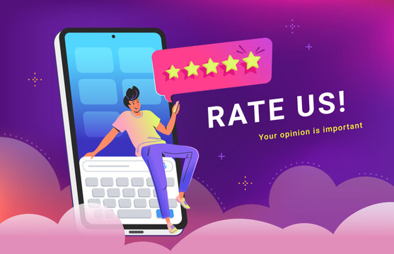 Consumer review and rating a digital service or goods. Gradient vector illustration of man sitting on a big smartphone and leaving comment with 5 stars. Customer positive feedback and user rating