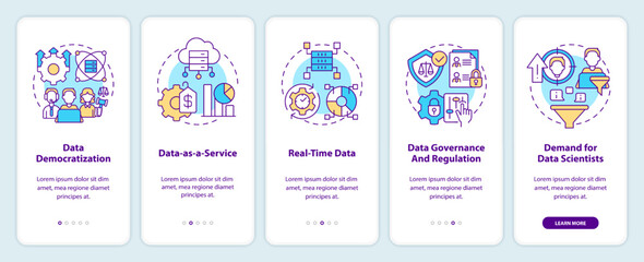 Data science trends onboarding mobile app screen. Development walkthrough 5 steps editable graphic instructions with linear concepts. UI, UX, GUI template. Myriad Pro-Bold, Regular fonts used