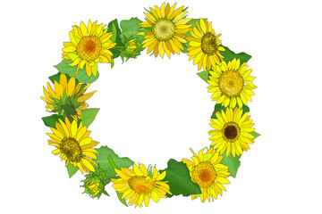 Sunflower wreath isolated on white background.