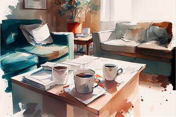 Living room interior with window and sofa, coffee cups on the table, papers lying watercolor paint