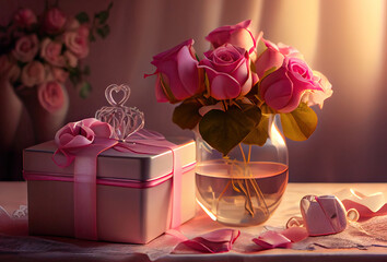 Valentine's Day vibe,still life with roses,bouquet of roses and gift box