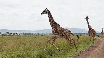  An adult giraffe jumps across a small dipression.