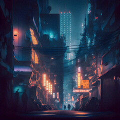 Tokyo City by Night, Anime and Manga drawing illustration, city ​​views, granular texture.