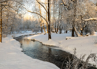 a wonderful sunny winter day, trees covered with white frost, a small river