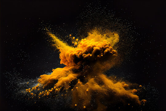 Yellow Powder Explosion On A Black Background, Generative Ai