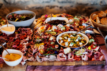 Giant Antipasto Platter of meat, cheese, scotch eggs, onion, sauces and veg