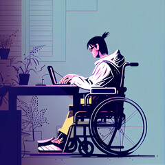 Person in wheelchair working in office, home office, Inclusion, disabled-friendly working environment