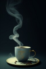 Cup of coffee on a black background and coffee beans around, Generative AI