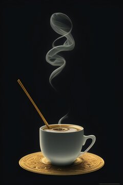 Coffee cup on a black and smoky background, Generative AI