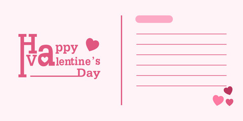 Horizontal pink postcard Happy valentine's day. vector text, line, hearts. 