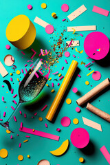 Fusion of contemporary art and old fashioned style. Pop art background, colorful colors, collage of different elements and symbols of celebration and party. Illustration. Generative AI.