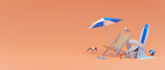 Summer vacation concept. Beach chair and beach accessories, 3d illustration.