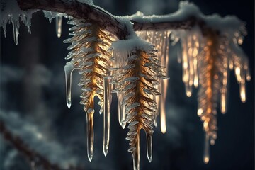  icicles hanging from a tree branch with snow on them and icicles hanging from the branches of the tree, with a dark background of snow - covered branches and snow generative ai - obrazy, fototapety, plakaty