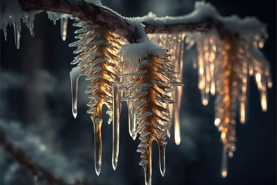  icicles hanging from a tree branch with snow on them and icicles hanging from the branches of the tree, with a dark background of snow - covered branches and snow generative ai