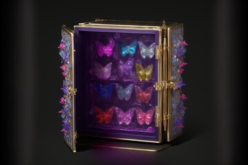  a display case filled with lots of colorful butterfly wings in a dark room with a black background and a purple light behind the case and a black background with a gol Generative AI