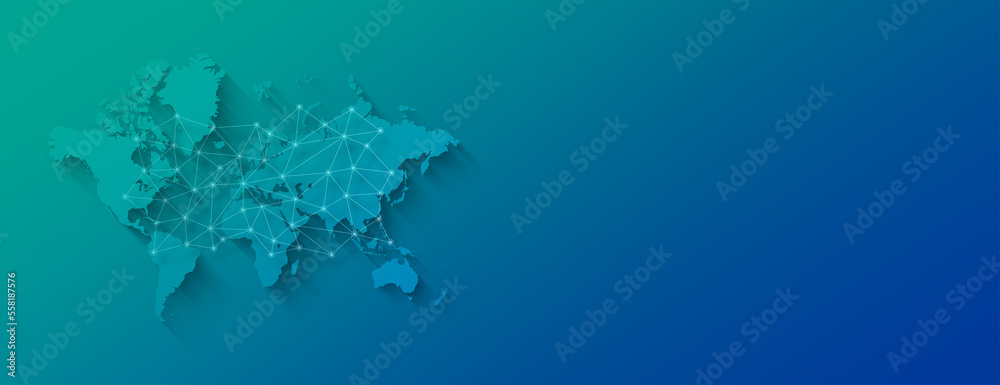 Sticker World map and digital network illustration on a blue background. Horizontal banner