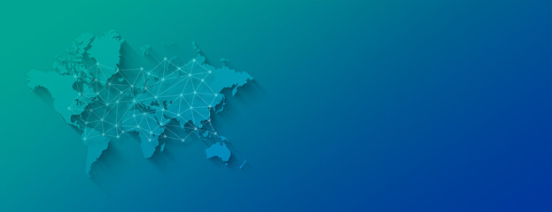 World map and digital network illustration on a blue background. Horizontal banner