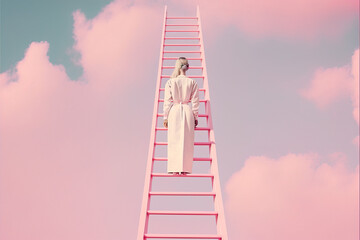 Pastel pink creative landscape of a ladder in the sky through the clouds leading to paradise. Young beautiful girl on a ladder. Illustration, Generative AI.