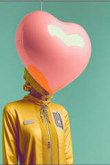 An abstract, modern costume for Valentine's Day. A big pink balloon heart on the head. Futuristic styling that symbolizes cosmic love from space. Illustration, Generative AI.